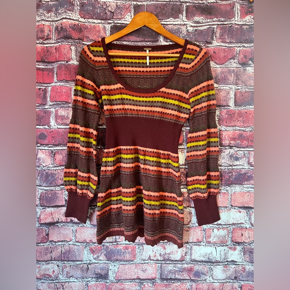 Free People Knit Striped Sweater Dress Scoop Neck Balloon Sleeve Brown Size M